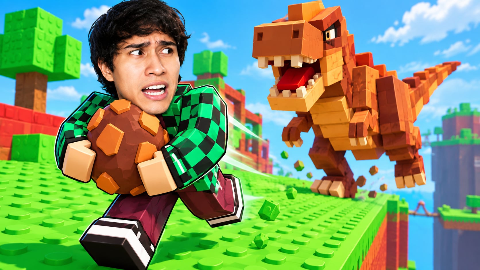 A player escapes with an egg while a dinosaur chases behind.