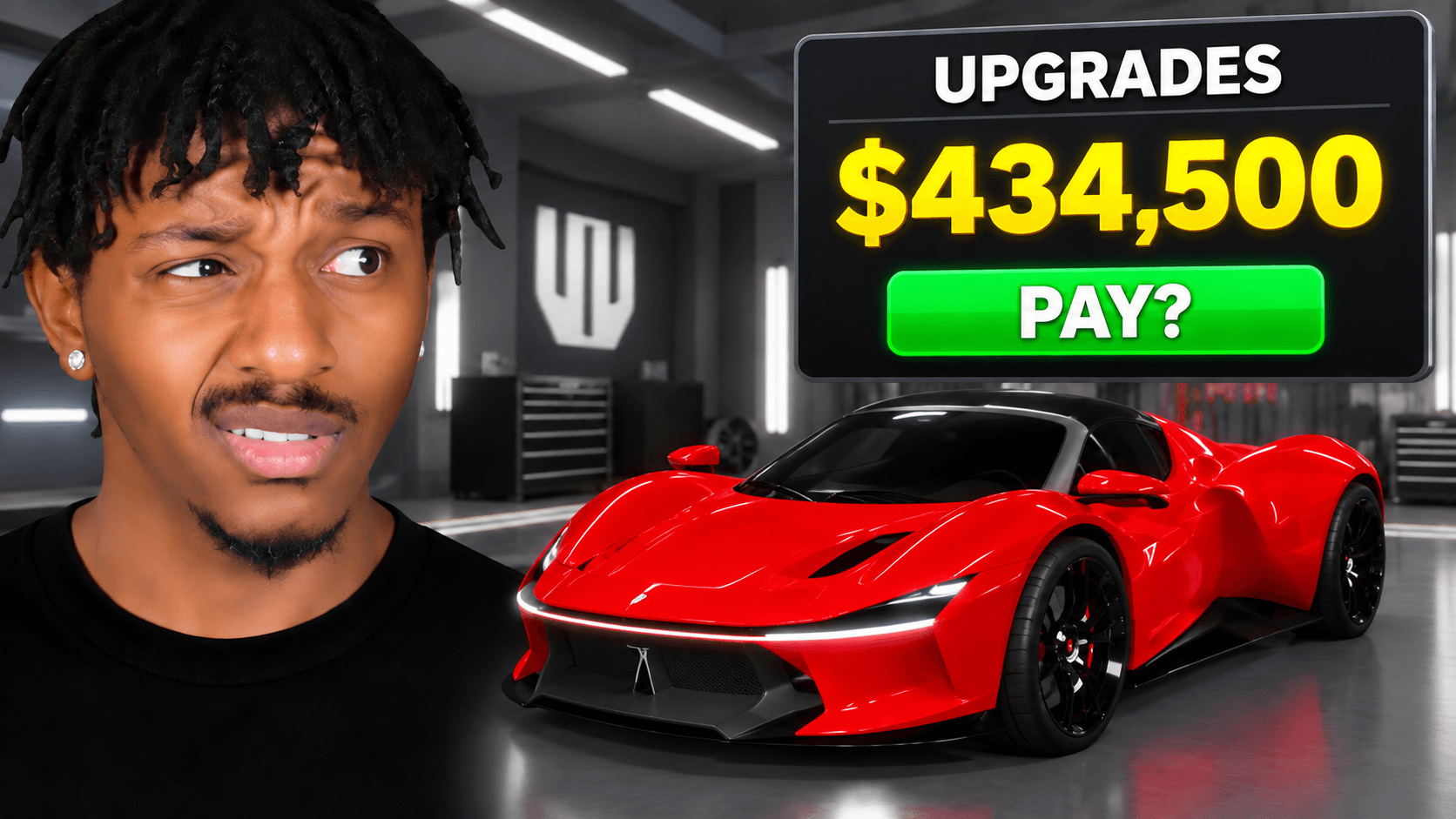A creator and a red sports car beside UPGRADES, $434,500, PAY?