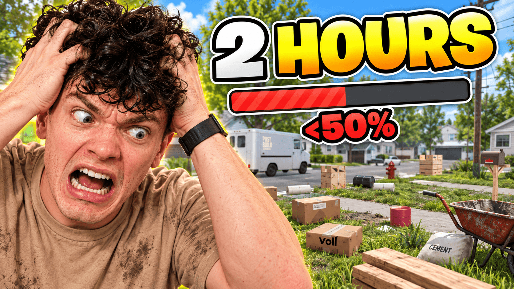 A frustrated creator beside a progress bar: 2 HOURS, less than 50%.