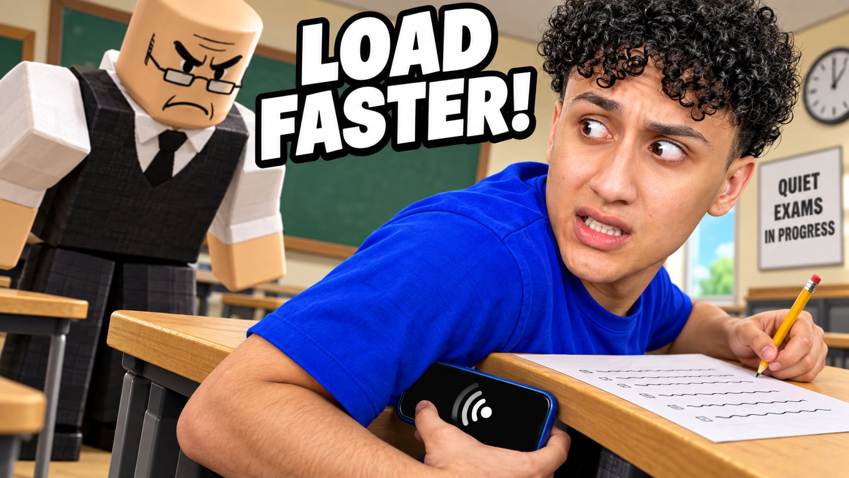 A student hides a loading phone as a teacher approaches. LOAD FASTER!