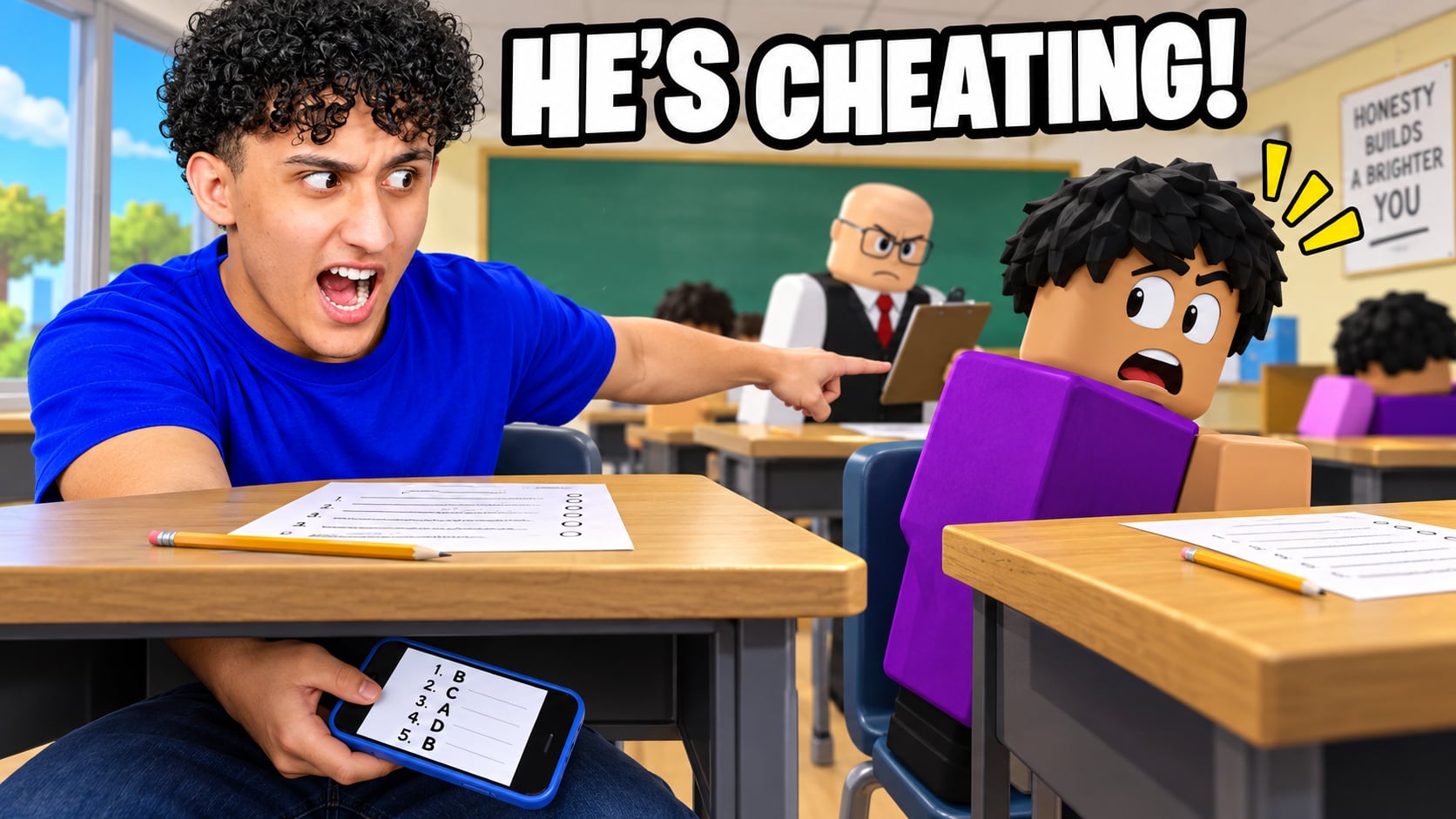A student points at another student while hiding answers on his own phone. HE'S CHEATING!