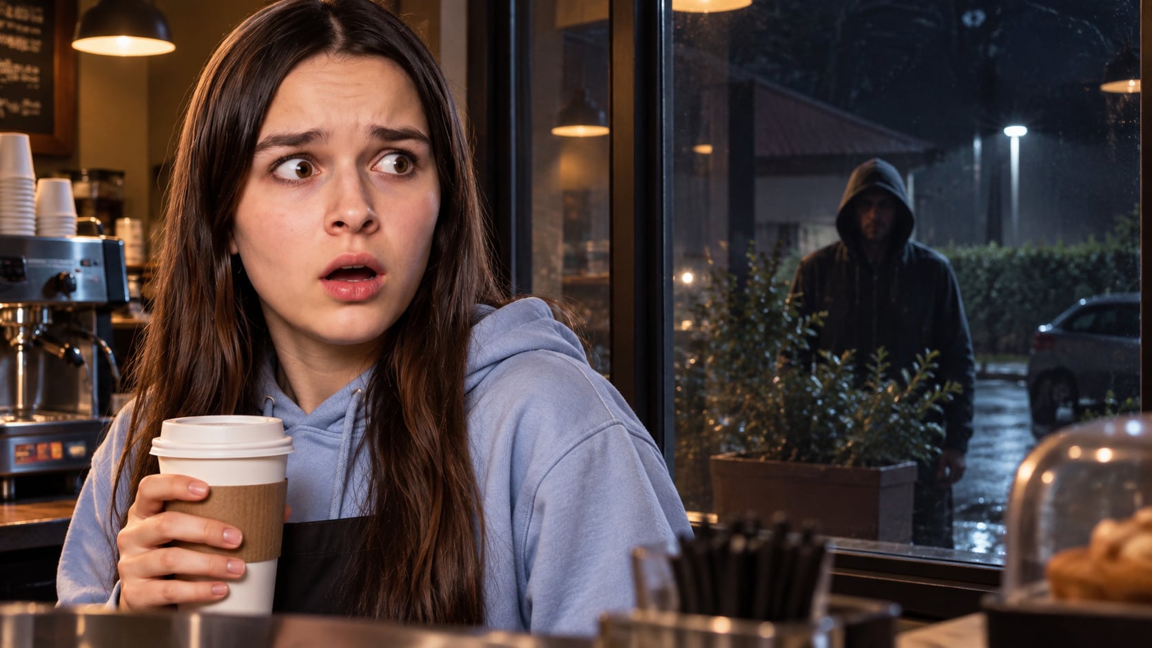 A worried barista inside a coffee shop, with a hooded figure watching through the window.