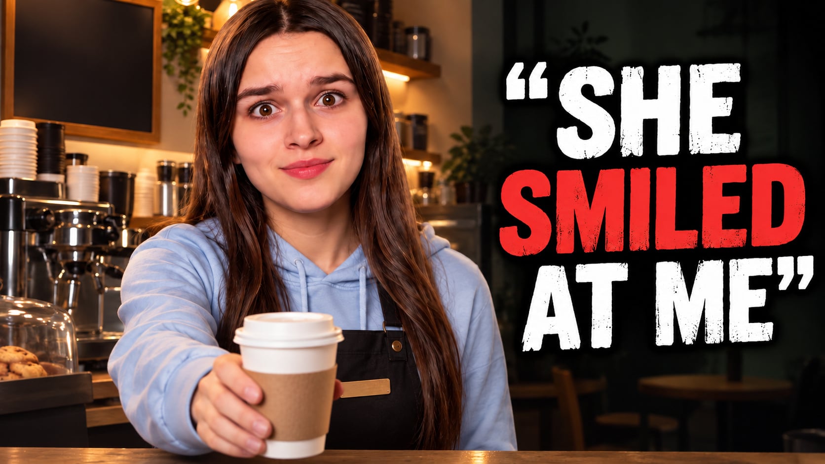 A barista offers a coffee with a polite smile beside the words SHE SMILED AT ME.