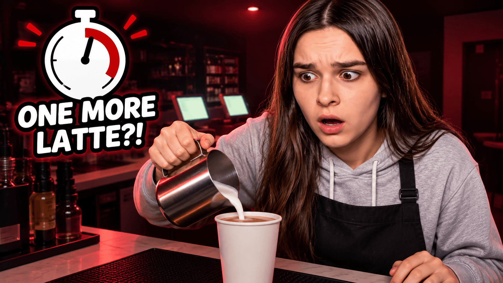 A barista pours a latte under red light beside a timer. ONE MORE LATTE?!